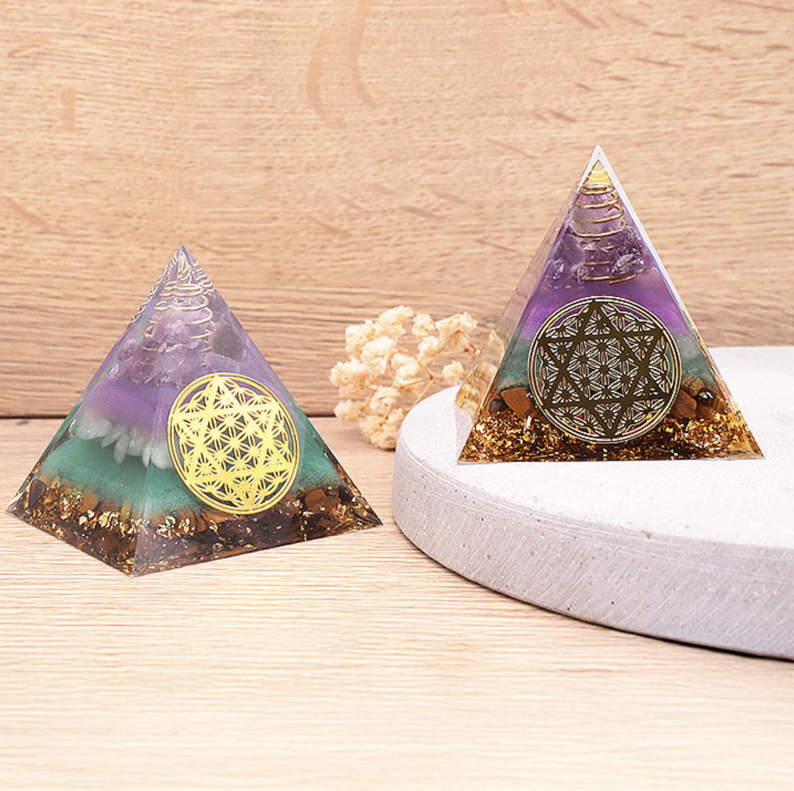 ORGONITE 60MM FLEUR DE VIE ÉTOILE OEIL DE TIGRE / AVENTURINE VERTE / AMÉTHYSTE A (1 PIÈCE)