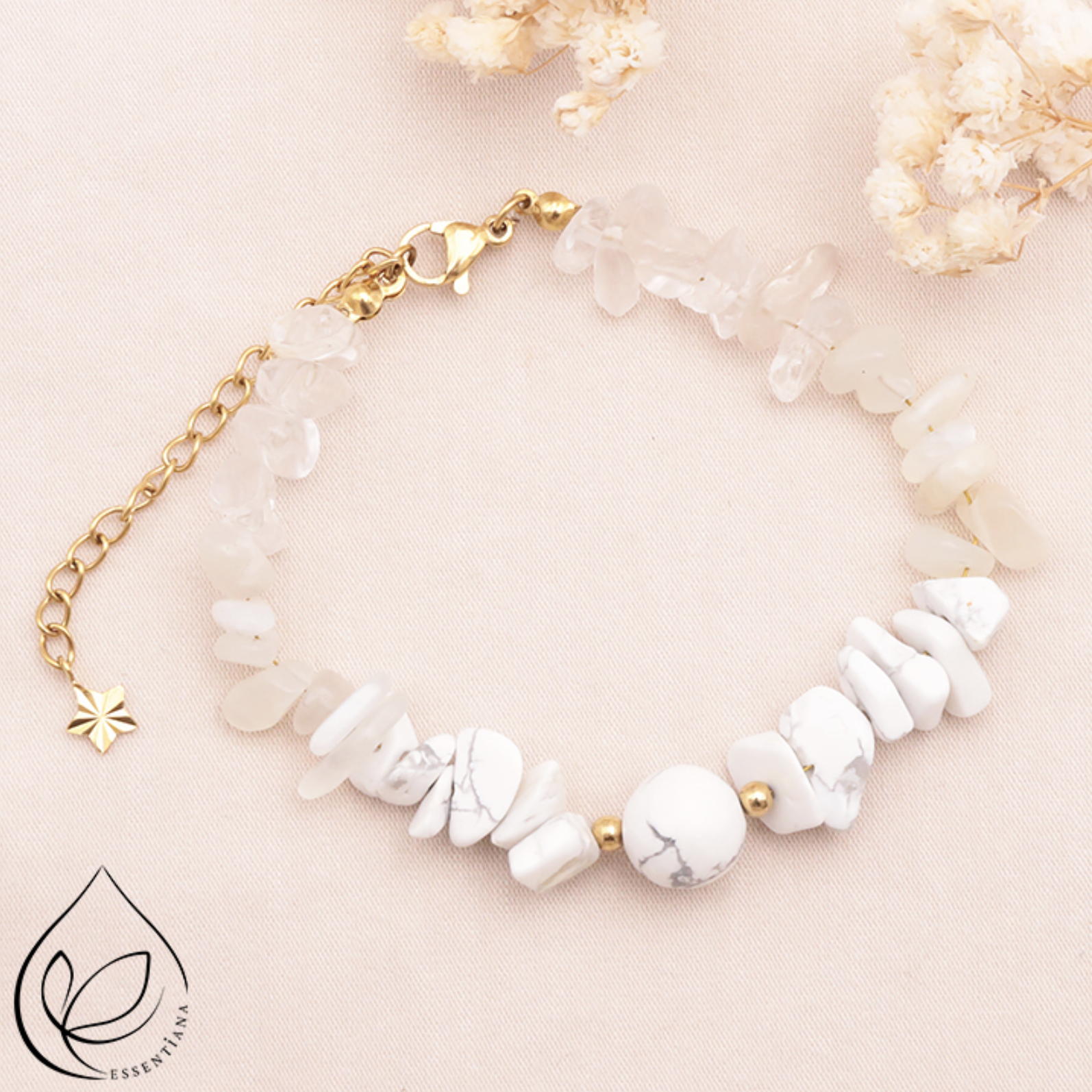 BRACELET CALYSTA DORÉ CRISTAL DE ROCHE, PIERRE DE LUNE BEIGE, HOWLITE BLANCHE A