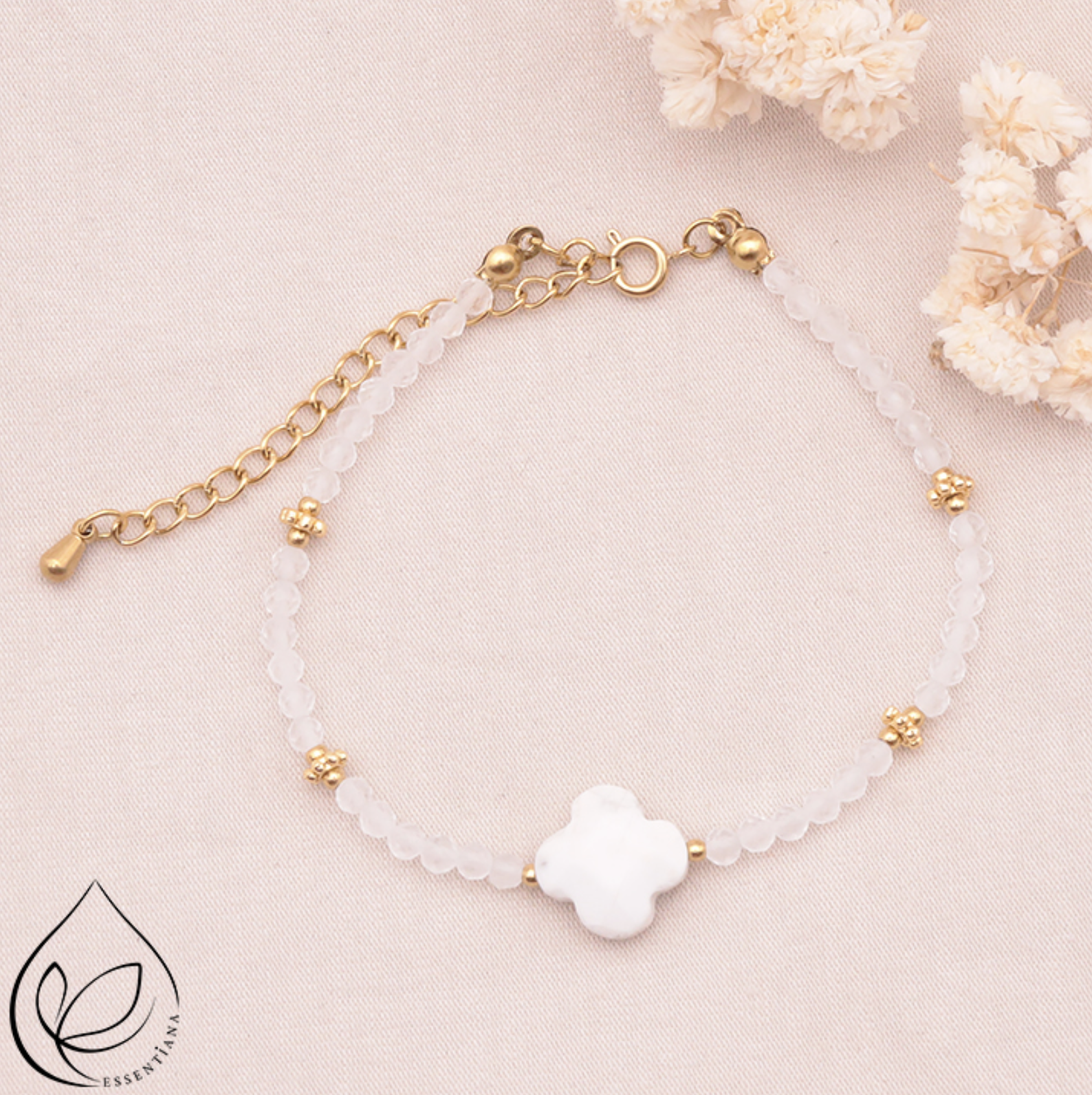 BRACELET ROSALIA DORÉ HOWLITE BLANCHE, CRISTAL DE ROCHE A