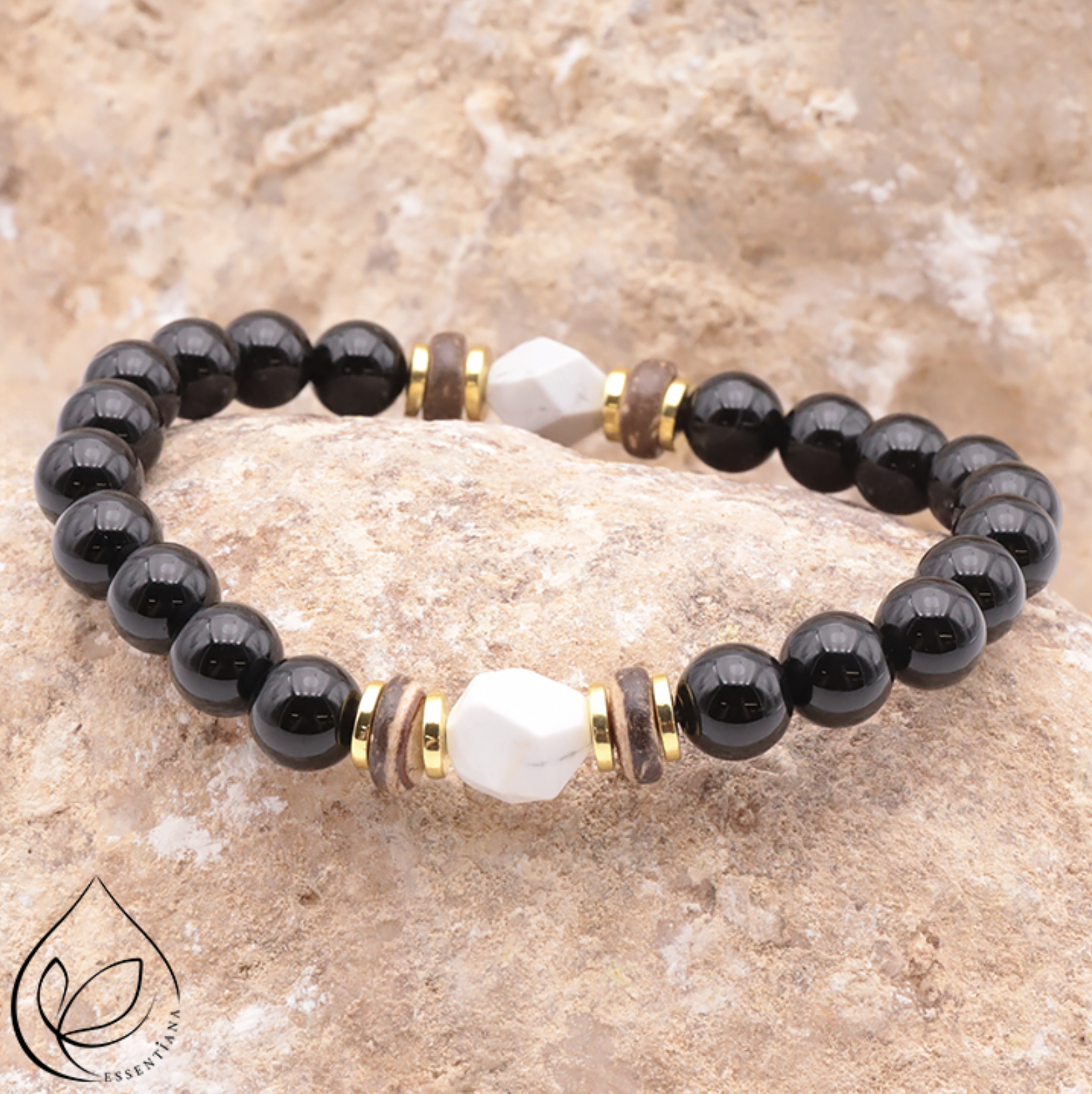 BRACELET RING DORÉ ONYX, BOIS, HOWLITE BLANCHE A
