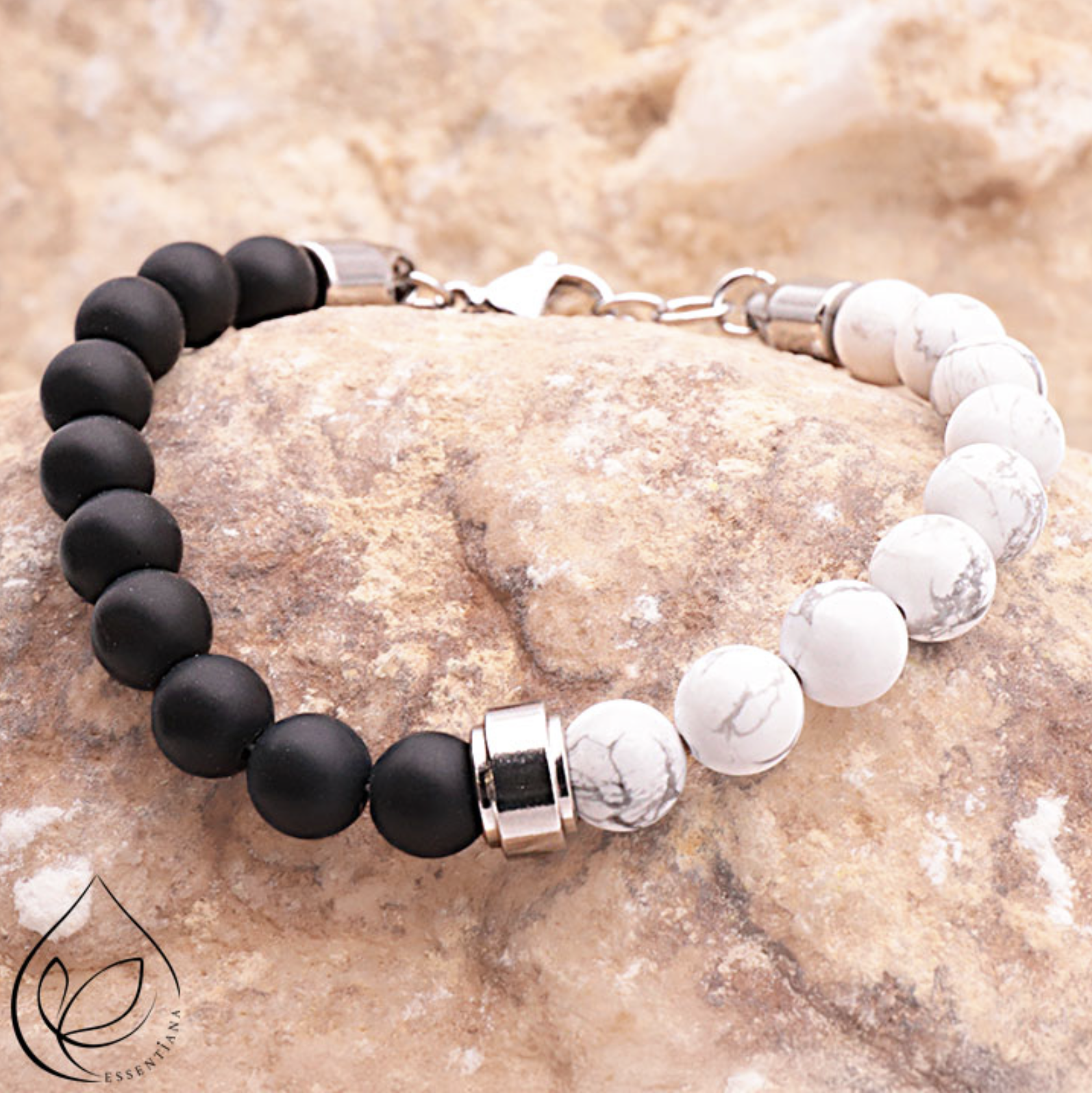 BRACELET UNYS ARGENTÉ ONYX, HOWLITE BLANCHE A