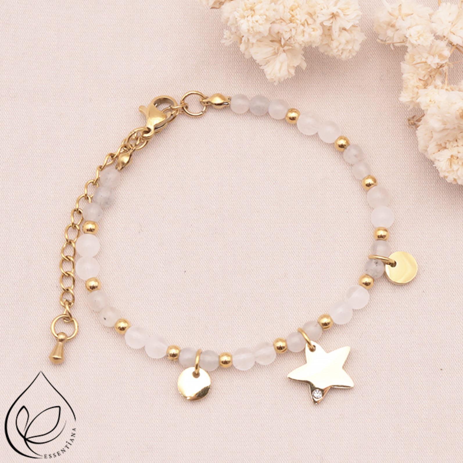 BRACELET MIRA DORÉ LABRADORITE, CRISTAL DE ROCHE A