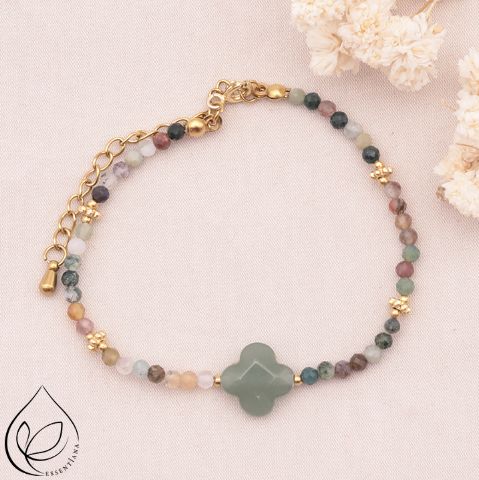 BRACELET ROSALIA DORÉ AVENTURINE VERTE, AGATE INDIENNE A