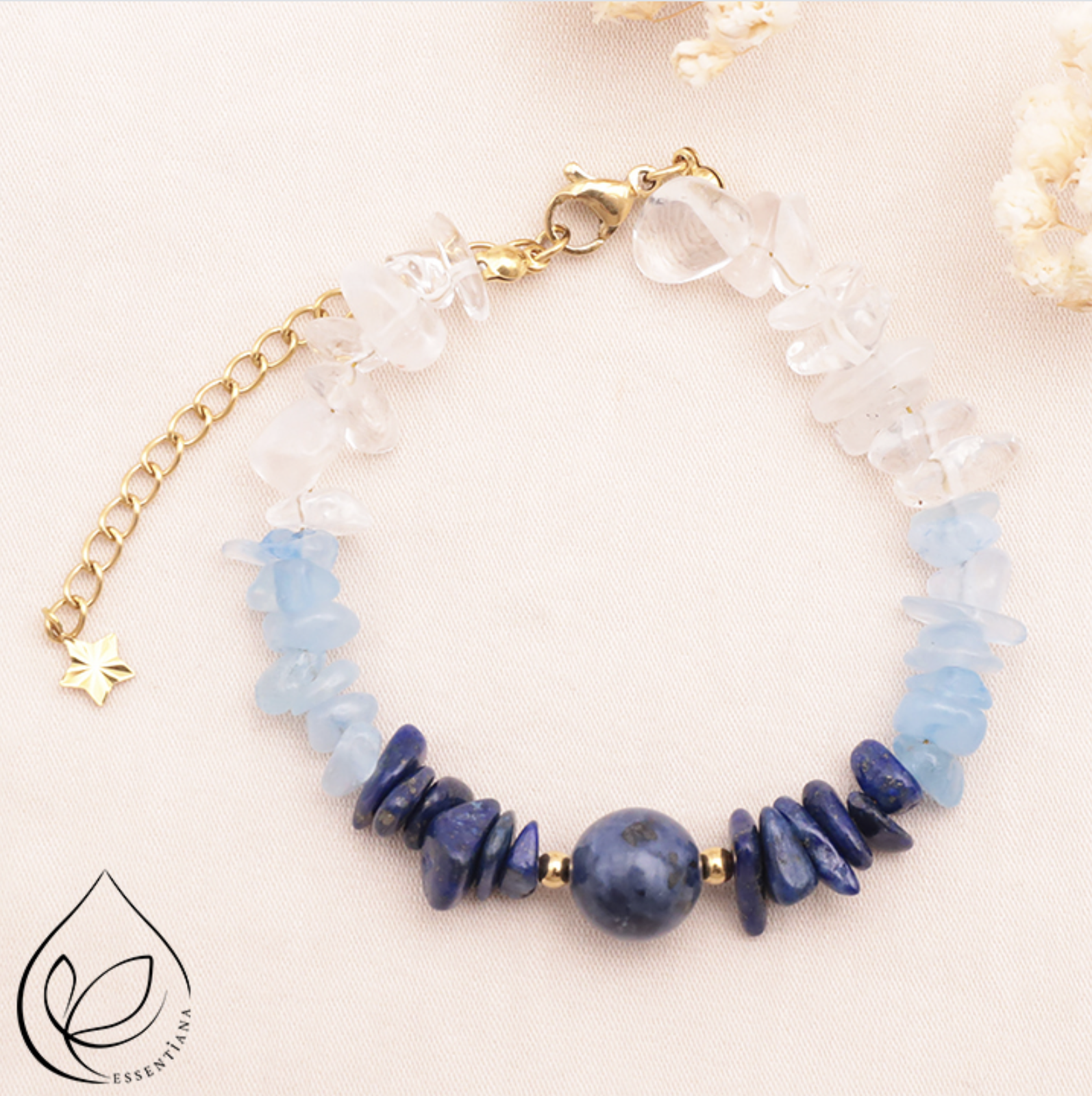 BRACELET CALYSTA DORÉ CRISTAL DE ROCHE, AIGUE MARINE, LAPIS LAZULI (TRAITÉE), SODALITE A