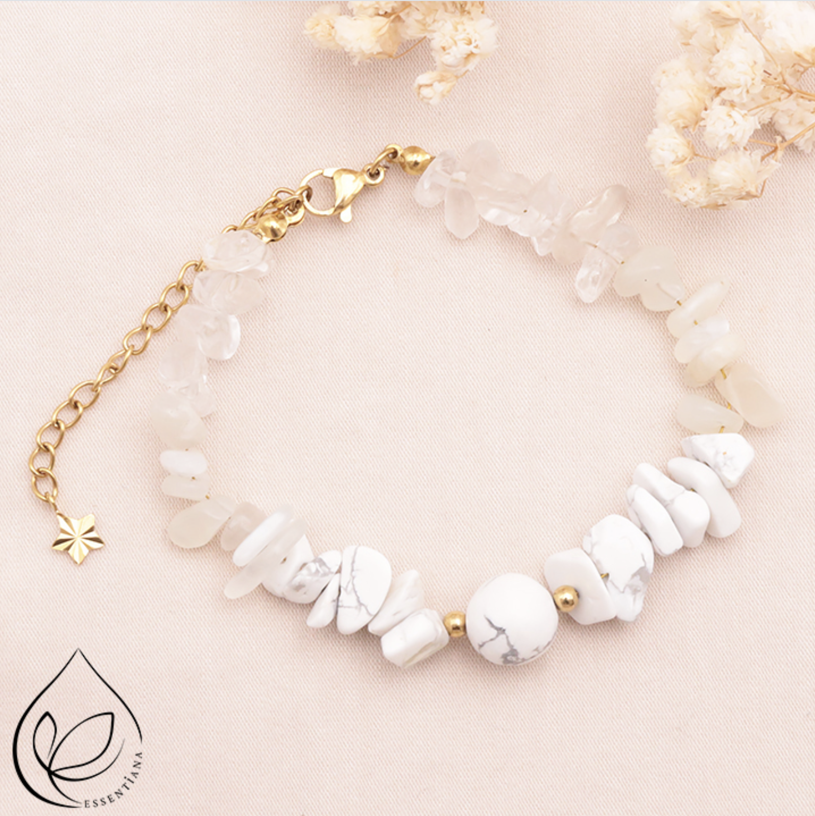 BRACELET CALYSTA DORÉ CRISTAL DE ROCHE, PIERRE DE LUNE BEIGE, HOWLITE BLANCHE A