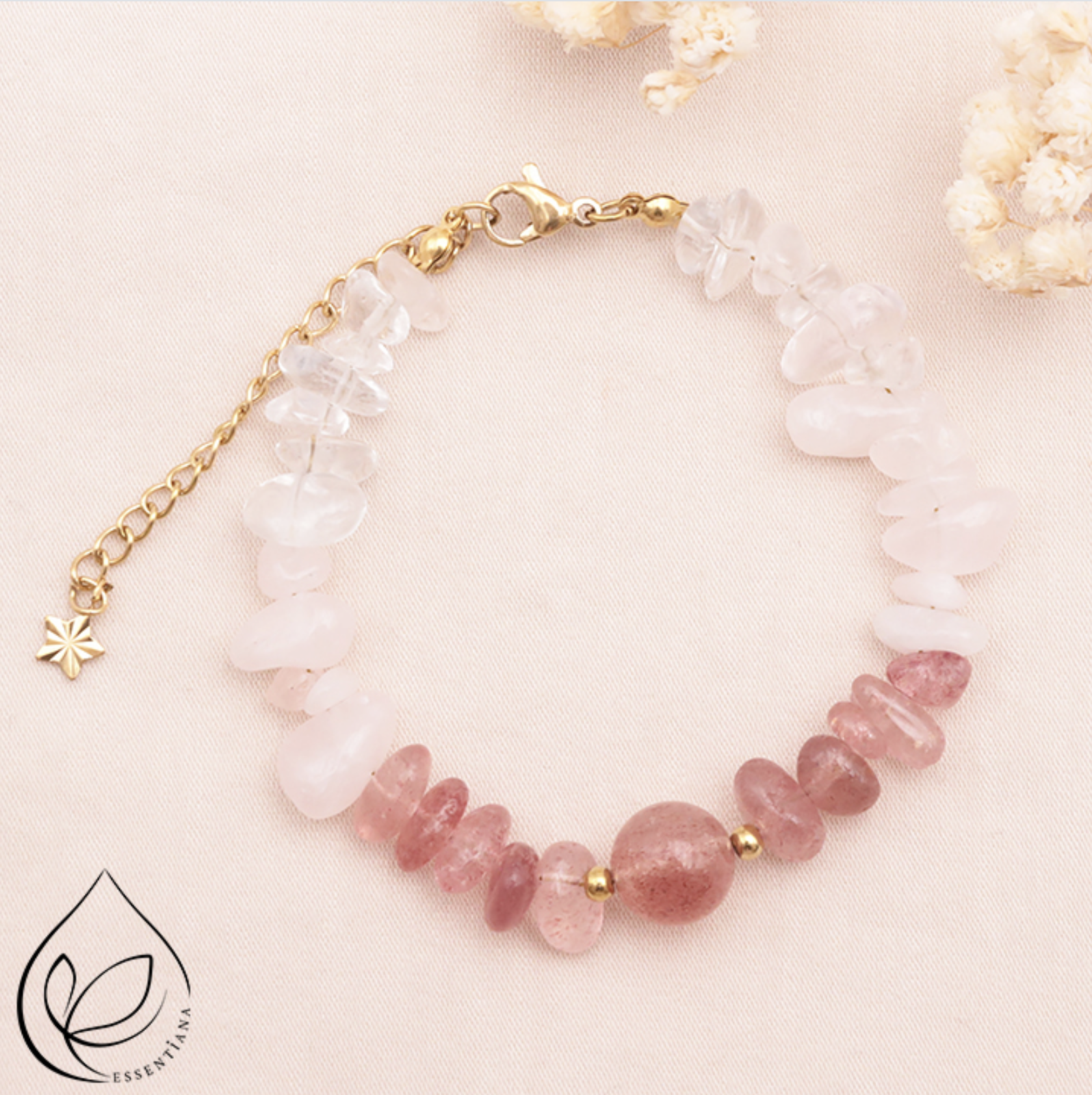 BRACELET CALYSTA DORÉ CRISTAL DE ROCHE, QUARTZ ROSE, QUARTZ FRAISE (HÉMATOÏDE) A