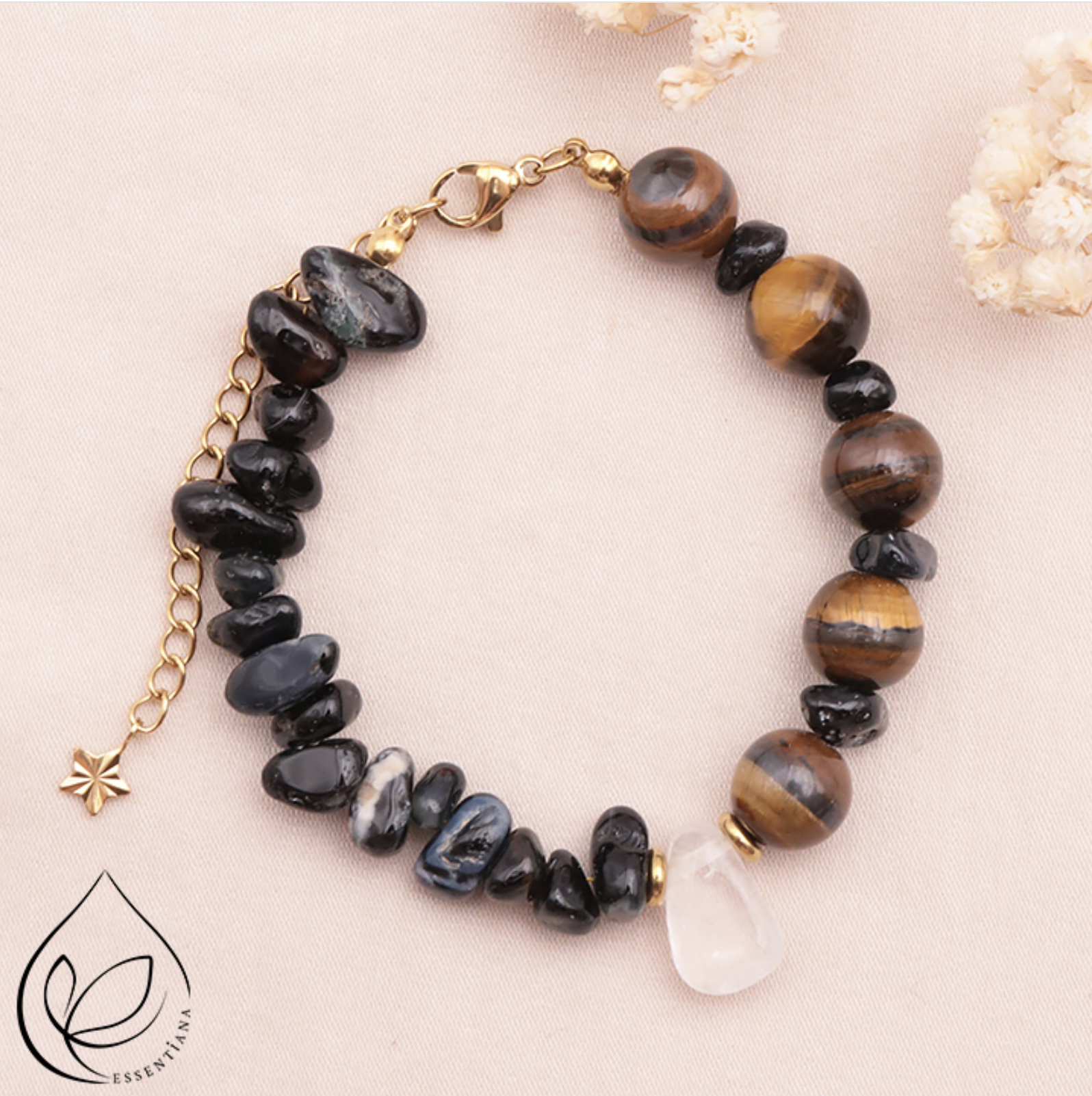 BRACELET FAUVÉA DORÉ ONYX, OEIL DE TIGRE, CRISTAL DE ROCHE A