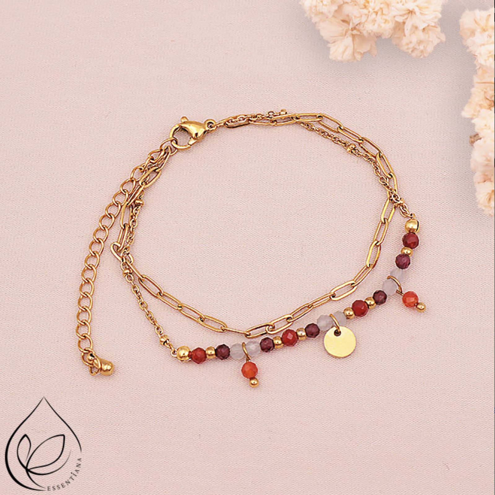 BRACELET IRIS DORÉ CORNALINE, CRISTAL DE ROCHE AA