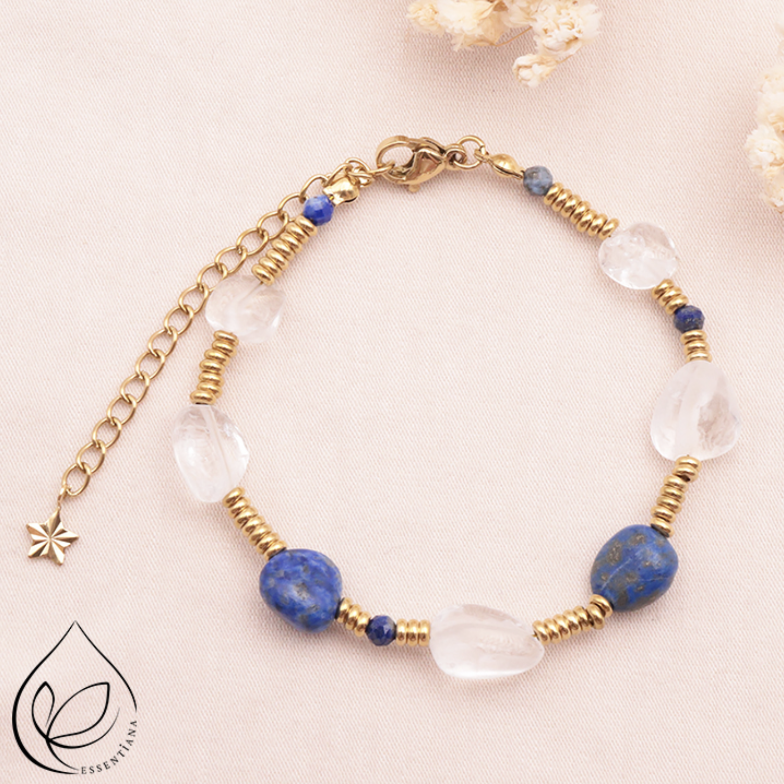 BRACELET LUMA DORÉ CRISTAL DE ROCHE, LAPIS LAZULI A