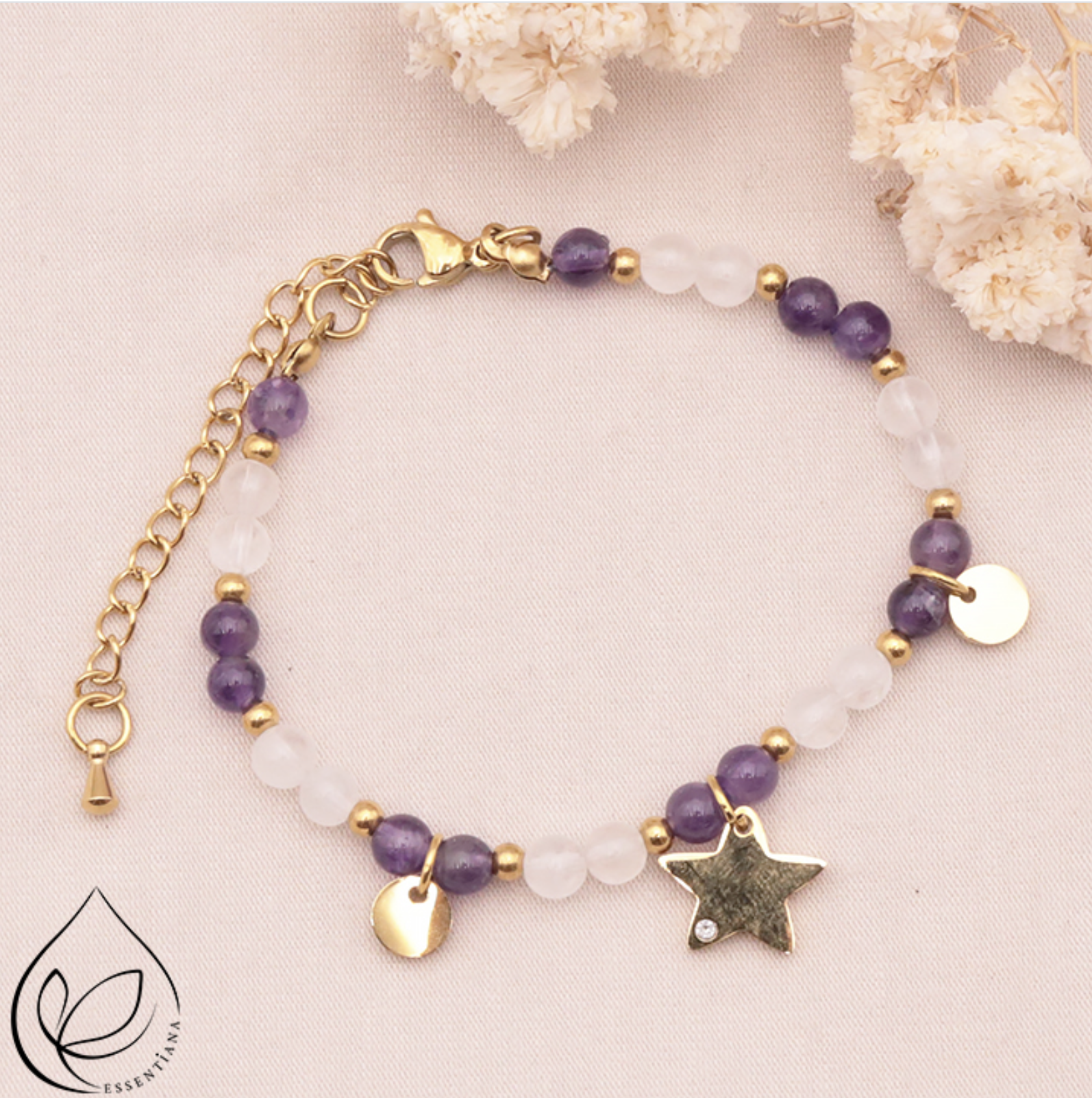 BRACELET MIRA DORÉ AMÉTHYSTE, CRISTAL DE ROCHE A