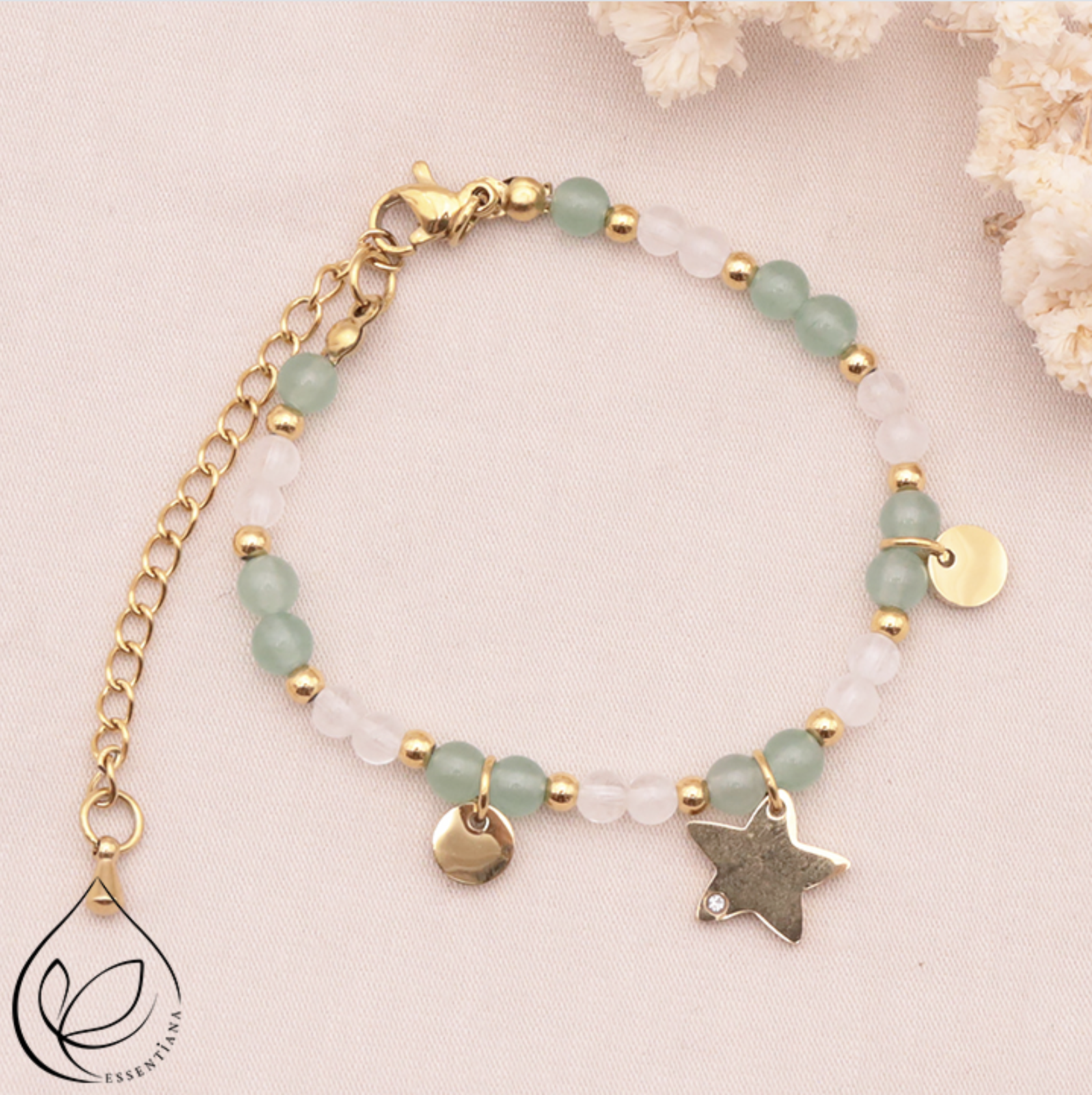 BRACELET MIRA DORÉ AVENTURINE VERTE, CRISTAL DE ROCHE A