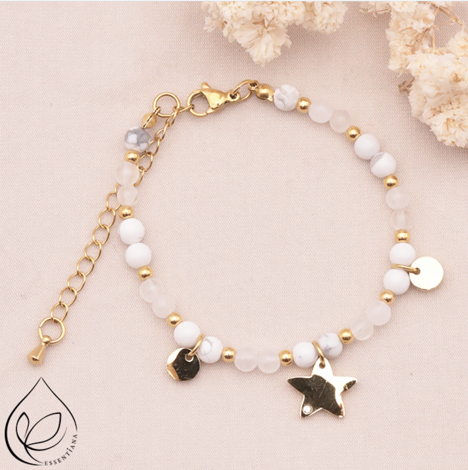 BRACELET MIRA DORÉ HOWLITE BLANCHE, CRISTAL DE ROCHE A