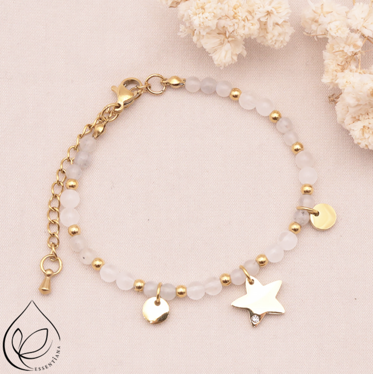 BRACELET MIRA DORÉ LABRADORITE, CRISTAL DE ROCHE A