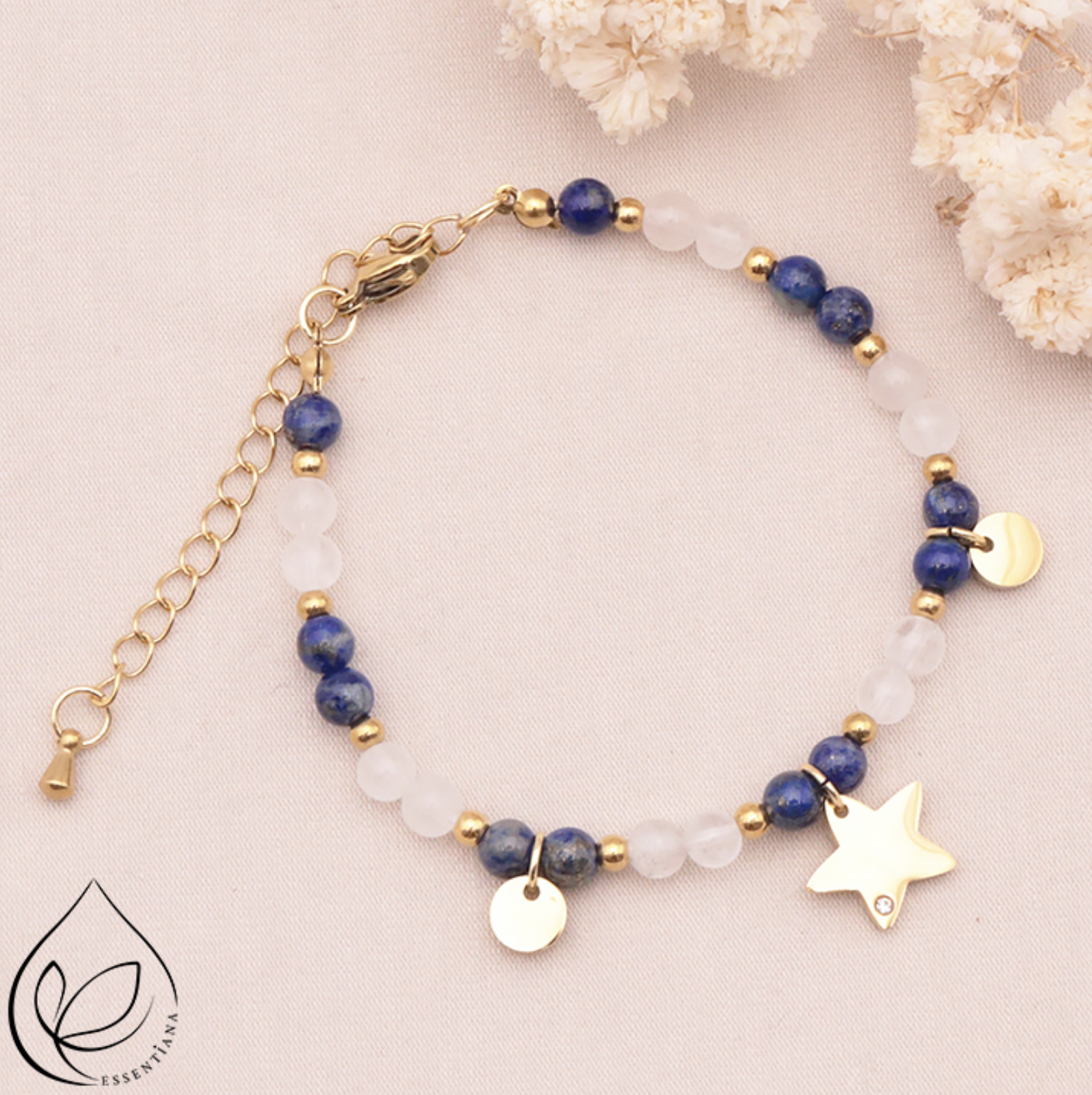 BRACELET MIRA DORÉ LAPIS LAZULI, CRISTAL DE ROCHE A