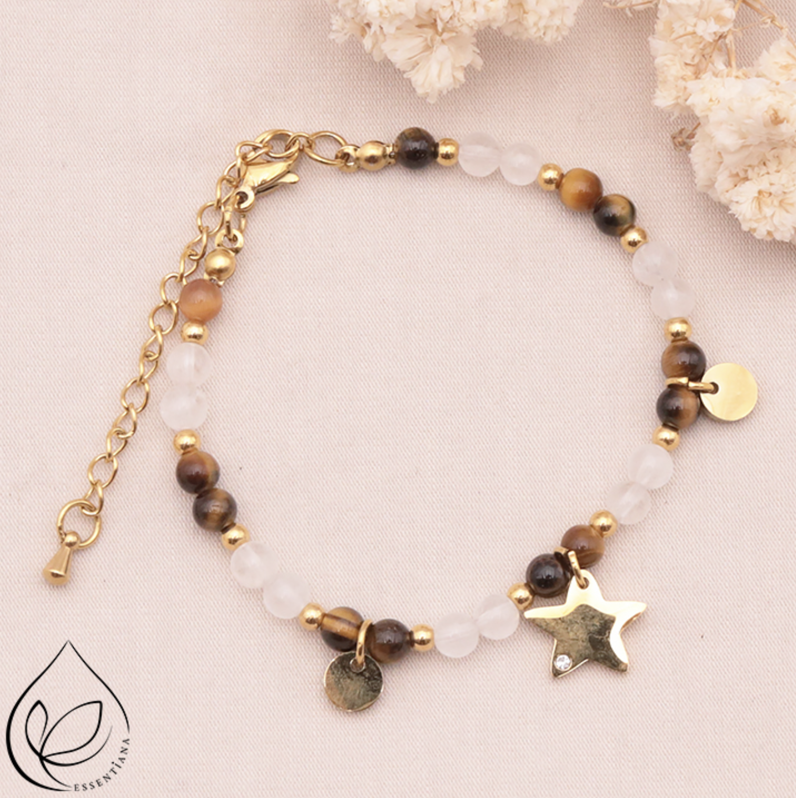 BRACELET MIRA DORÉ OEIL DE TIGRE, CRISTAL DE ROCHE A