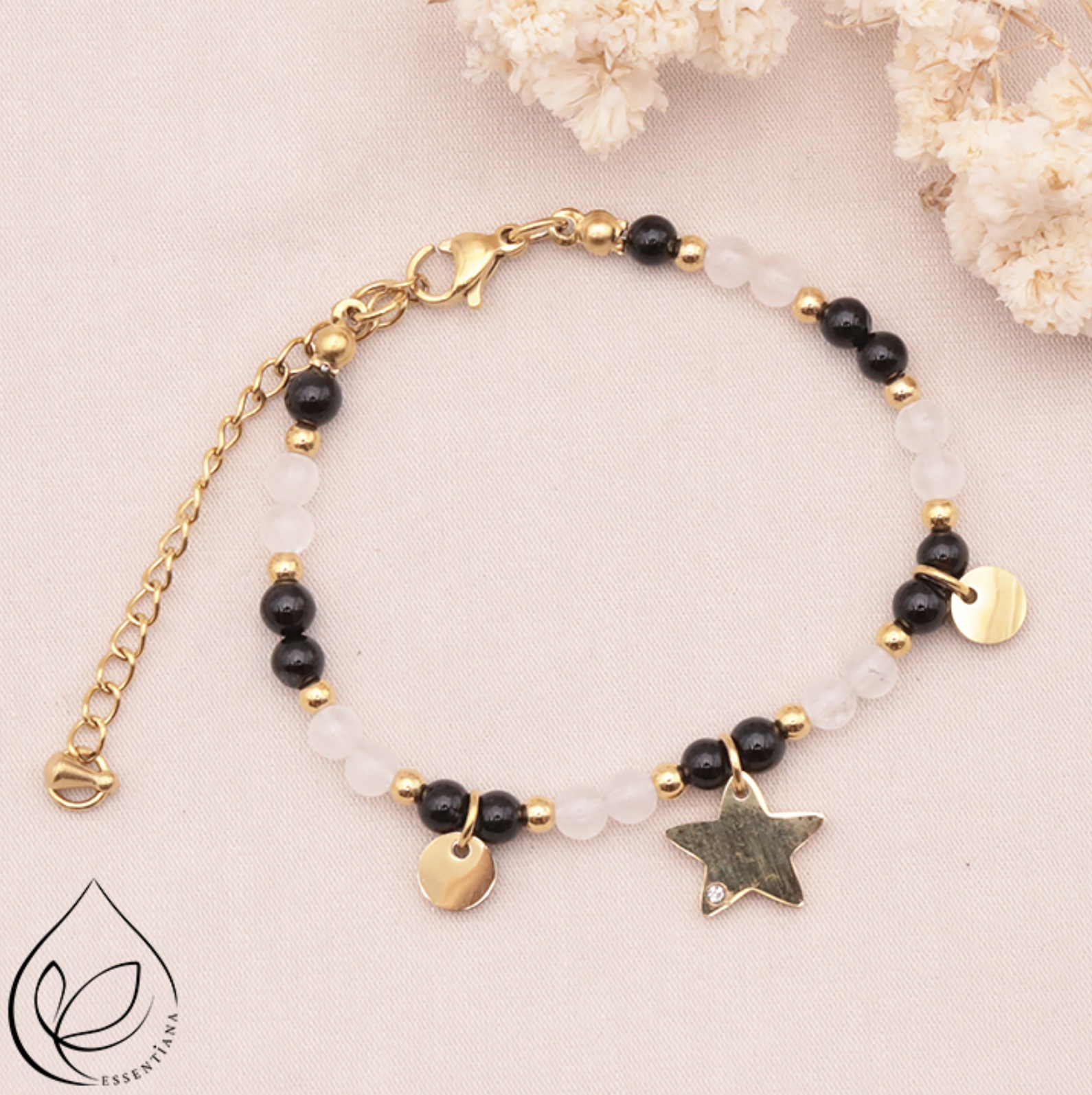 BRACELET MIRA DORÉ ONYX, CRISTAL DE ROCHE A