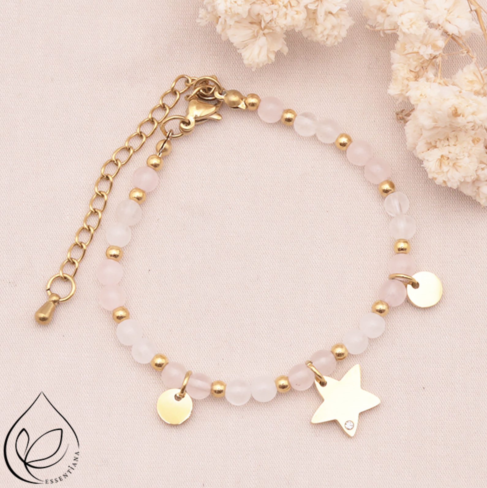 BRACELET MIRA DORÉ QUARTZ ROSE, CRISTAL DE ROCHE A