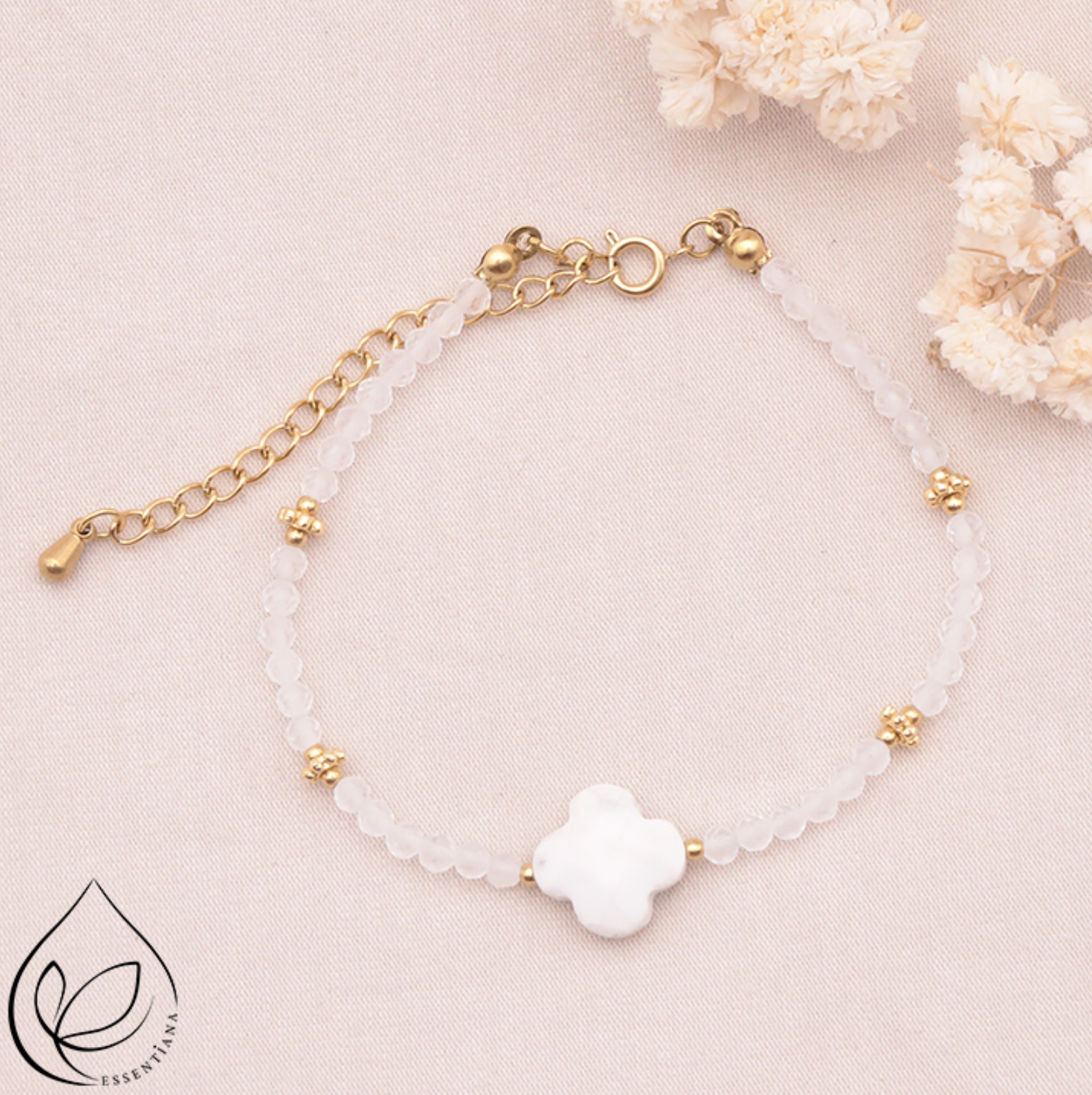 BRACELET ROSALIA DORÉ HOWLITE BLANCHE, CRISTAL DE ROCHE A