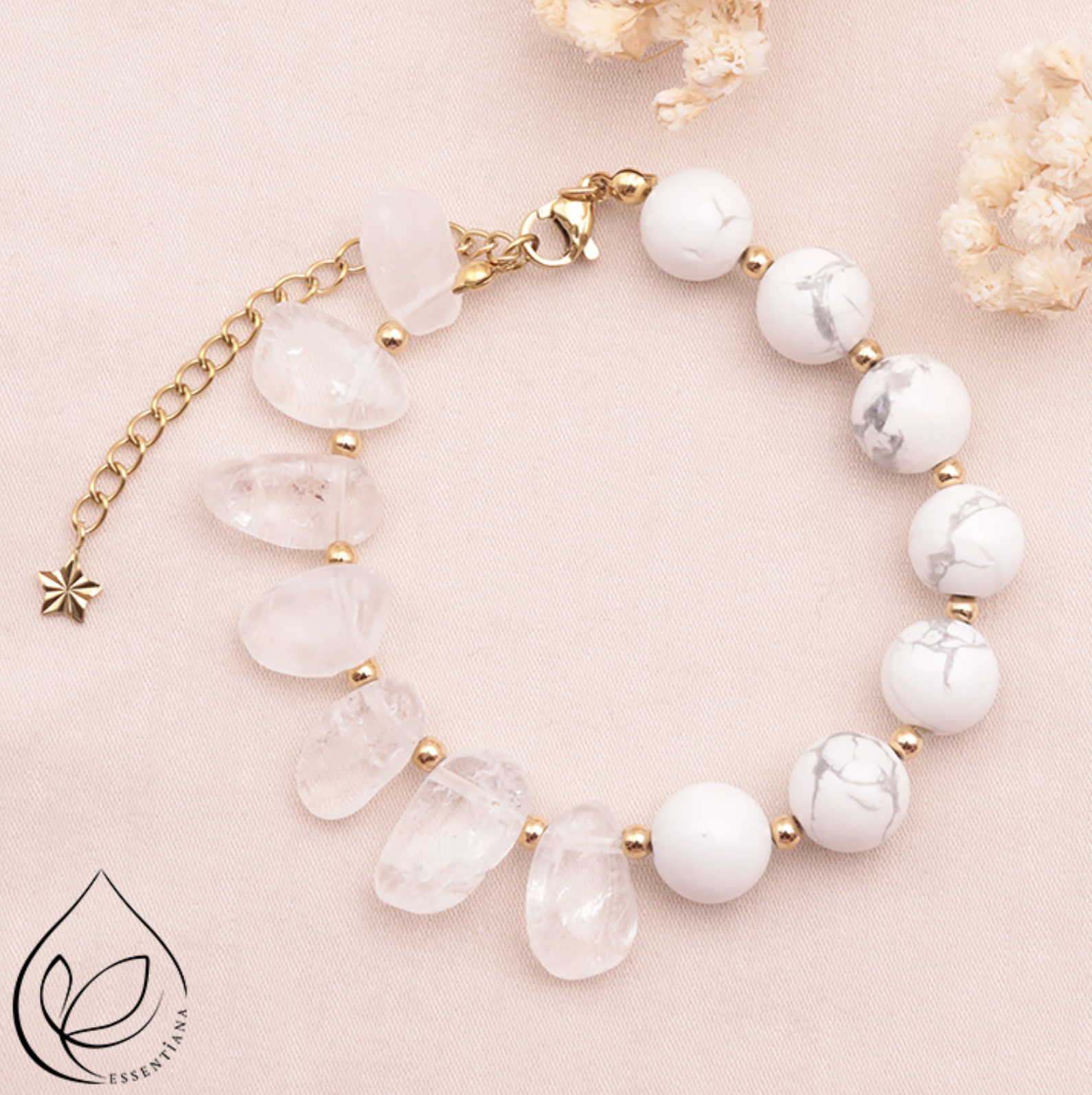 BRACELET ZAFYA DORÉ CRISTAL DE ROCHE, HOWLITE BLANCHE A
