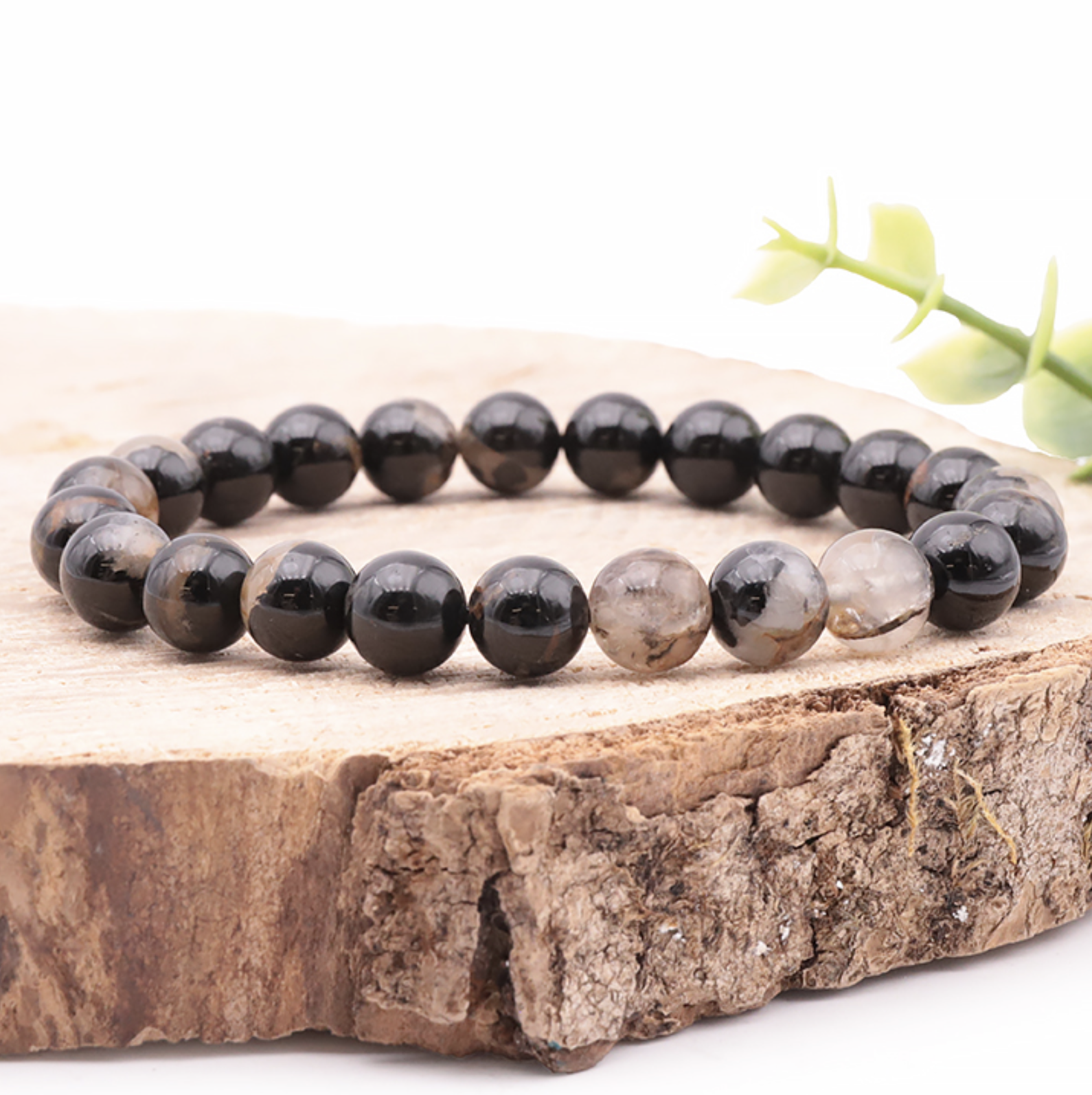 BRACELET BOULE 08MM TOURMALINE NOIRE AVEC QUARTZ A